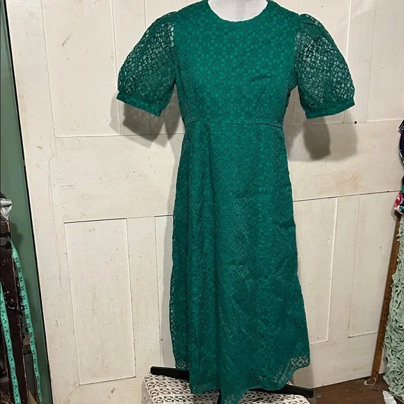 NWT Boden Midi Dress Fit-N-Flare Green Eyelet Lace Empire Waist - Picture 2 of 16